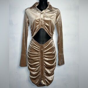 Womens LACAUSA Champagne Gold Velour Waist Cut-Out Long Sleeve Bodycon Dress